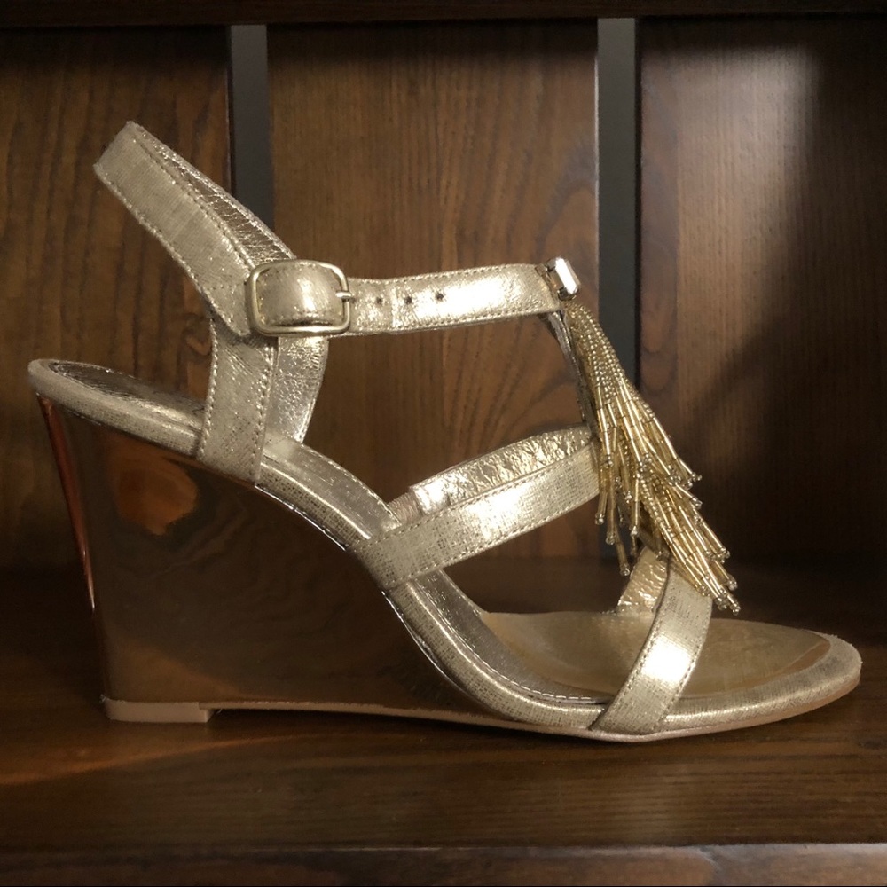 ADRIANNA PAPPEL Gold Beaded Sandal Wedge Heel Style and Comfort Women 6.5 - Picture 3 of 8